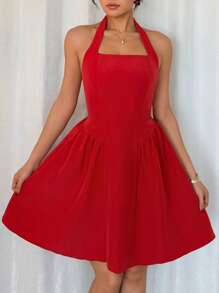 Islaluna 女式法式红色细肩带松紧腰露背短款连衣裙 - 紅色 - 查看 6