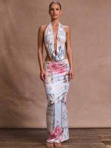 MUSERA Đầm maxi dáng suông, cổ yếm, khoét trước, in họa tiết, chất liệu lưới mềm mại, gợi cảm, thích hợp cho sinh nhật, tiệc tùng, đám cưới, lễ tốt nghiệp, dạ hội, kỳ nghỉ hè, lễ hội, thanh lịch, lãng mạn, lễ hội, bãi biển Ibiza. - Nhiều màu - Xem 1