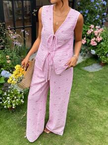 SHEIN 两件套孕妇装粉色条纹蝴蝶结印花上衣和裤子套装 - 粉色 - 查看 7