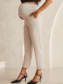 MaterniWear 可调节腰围纯色孕妇裤，带腹部支撑 - 卡其色 - 查看 5