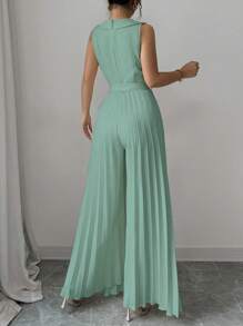 Elenzga Women's Spring/Autumn Elegant Apricot Double Breasted Pleated Jumpsuit - Green - View 2