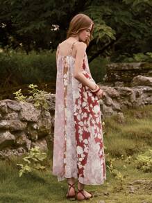 Lumivelle SummerHoliday Women's Fashionable European & American Style Flower Print Patchwork Loose Sleeveless Dress, Summer