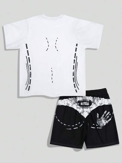 Street Life Set de 2 piezas: Camiseta de manga corta con estampado gráfico y pantalón corto con cordón en la cintura, estilo casual de verano para hombres