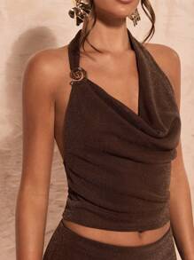 SHEIN BAE Summer Women's Clothing Halter Neck Metal Button Decoration Shiny Top & Hip Fishtail Women's Skirt/Two Pieces Set Women/Elegant Two Pieces Suit/Vacation Two-Piece Suits/Birthday Ladies Outfits/ Brown Two-Piece Set