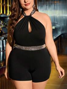 Gownix Plus Contrast Sequin Keyhole Back Halter Romper - Black - View 1