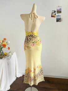 Soleia 度假蕾丝拼布豹纹花卉印花黄色露背鱼尾超长紧身连衣裙