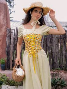 SHEIN 1 件女士花卉印花波西米亚风格短款上衣 - 黃色 - 查看 1