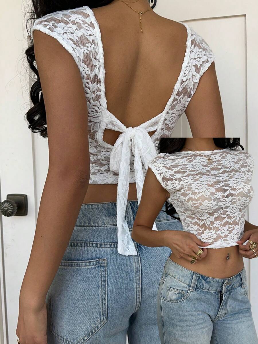 SHEIN EZwear 夏季度假白色蕾丝透视性感露脐紧身女式T恤 - 粉色 - 查看 1