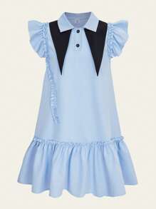 SHEIN Tween Girls Collared Partial Button Front Ruffled Sleeve A-Line Dress - Blue - View 1