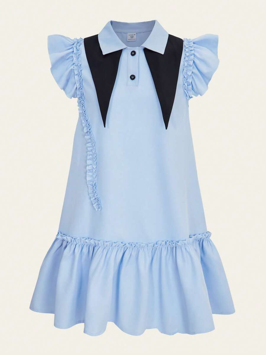 SHEIN Tween Girls Collared Partial Button Front Ruffled Sleeve A-Line Dress - Blue - View 1