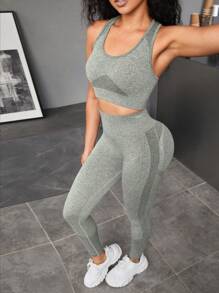 SHEIN Sports Seamless High Stretch Sports Bra With Leggings Workout Women Set Women Leggings Set - Mist Green - View 3