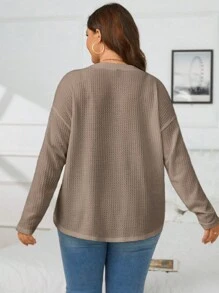 SHEIN LUNE Áo thun Plus size Nút phía trước màu trơn Giải trí - Màu nâu  Mocha - Xem 2