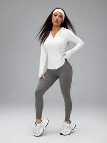 SHEIN PETITE Áo khoác trùm đầu nhẹ cổ khóa kéo màu trơn dành cho nữ, đồ thể thao - trắng - Xem 9