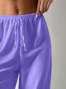 EURMUSE Solid Elastic Waist Wide Leg Trousers