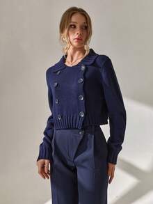 SHEIN Cottnline Double-Breasted Wool Cropped Jacket With Folded Collar, Flap Pockets, And Ribbed Cuffs - Navy Blue - View 4