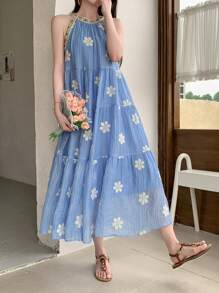 DAZY Đầm midi không tay in hoa kiểu Hàn Quốc dành cho nữ, trang phục đi nghỉ mát, trang phục du lịch biển cho nữ. - Màu xanh lam - Xem 8