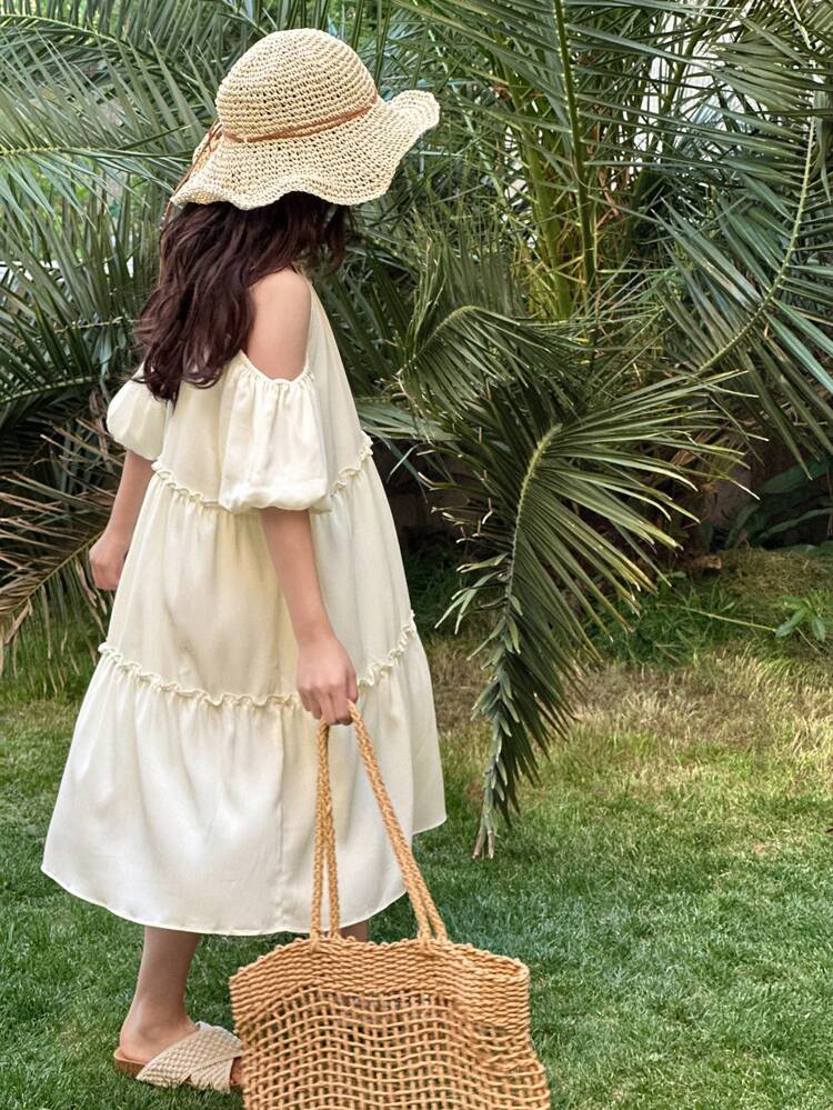 Tween Girls' Vacation Solid Color Contrast Shell Trim Off-Shoulder Flutter Sleeve Loose Frill Trim Dress,Girls Summer Outfits,Back To School Clothes