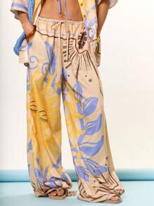 MUSERA Wide Leg Tie Front Graphic Sun Solar Print Trousers Beach Cover Up Swim Summer Vacation Holiday Festival Cute Casual Elegant Tuscan Sun