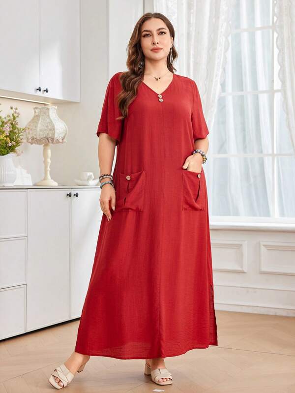 SHEIN Najma Abito casual versatile, ampio, stile arabo, da donna, collo a V, maniche corte, plissettato, con tasche, simil lino, di taglia grande