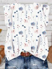 EMERY ROSE Plus Size Women's Daily Casual Vacation Pink V-Neck Small Flying Sleeves Vacation Style Blue And White Floral Loose Shirt, Women's Summer Clothing, Women's Vacation Clothing, Women's Summer Clothing, Women's Going Out Tops, Cute Summer Tops, Women's Summer Clothing