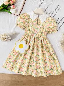 SHEIN Vestido con bolso con flores, mangas abullonadas, cuello bordado y cintura fruncida, con estampado floral pequeño, adecuado para uso casual y de vacaciones para niñas jóvenes