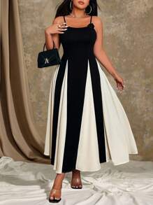 Roveilla 大码女式黑白拼色花卉图案无袖优雅长裙，适合春夏季长款女装舞会 - 黑與白 - 查看 6