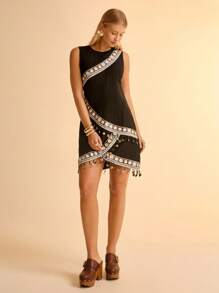 CAJUNI 女式度假休闲刺绣流苏边迷你连衣裙 - 黑色 - 查看 7