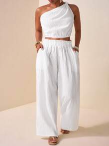 Veslaya Westlicher Stil, nomadischer Stil, Geburtstagsparty, Abschlusszeit, Studentenmode, Alltags-Lässig, Urlaub, Kreuzfahrtreise, Business-Lässig Twist-Knoten Crop Top und weite strukturierte Taschen Culotte Hose Set für Damen in Große Größen