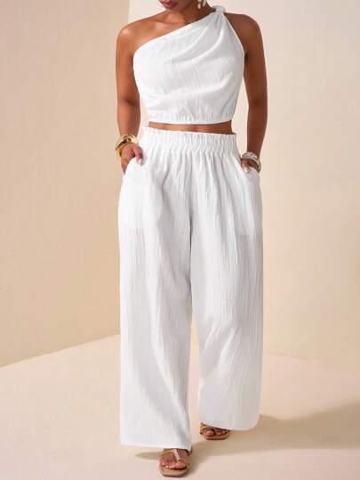 Veslaya Western Style, Nomadic Style, Birthday Party, Graduation Season, Student Wear, Daily Casual, Vacation, Cruise Travel, Business Casual Twist Knot Cropped Women's Top And Loose Textured Pocket Wide Leg Pants Plus Size Women's Set Valentine's Day Outfit