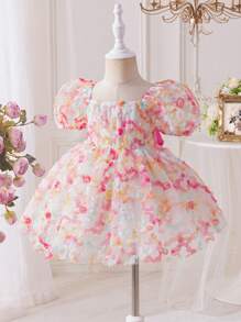 SHEIN Váy dệt tay bồng cổ viền hoa 3D cho bé gái - Hồng - Xem 7