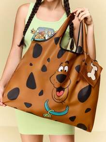 SCOOBY-DOO X SHEIN 1 chiếc Túi mua sắm gấp gọn bằng polyester in hình nhân vật hoạt hình dễ thương, Túi tote, được trang bị túi đựng đồ nhỏ có dây xích hạt, có thể treo trên túi, dành cho chó - màu nâu - Xem 3