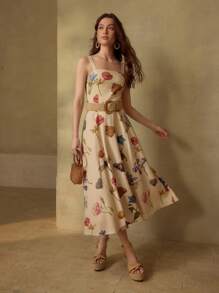 MOTF PREMIUM INSECT AND FLORAL PRINT FLARE HEM SLIP DRESS WITHOUT BELT - Multicolor - View 8
