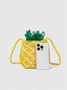 ROMWE Ladies, Women Crossbody Bags, Straw Bag, Straw Woven Bag, Fruit Shape, Pineapple Shape, Kawaii, Y2K, Sweet And Cool Girls, Hot Girls, Fashionable, Personalized, Versatile, For Beach, Vacation, Holiday, Summer, Seaside - Yellow - View 6