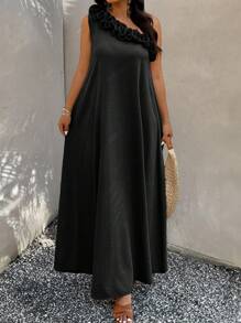 SHEIN Clasi Vestido elegante sin mangas con diseño de volantes de unicolor para mujer de talla grande - Negro - Ver 4