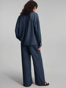 Ontre 2 Pieces Women Summer/Autumn Outfit, Daily Casual Homewear Set, Beach Vacation Clothing, Long Pants + Long Sleeve Shirt Set, Brunch Outfit, Music Festival Attire, Elegant 2 Pieces Summer Set, Party & Business Casual Wear - Navy Blue - View 5