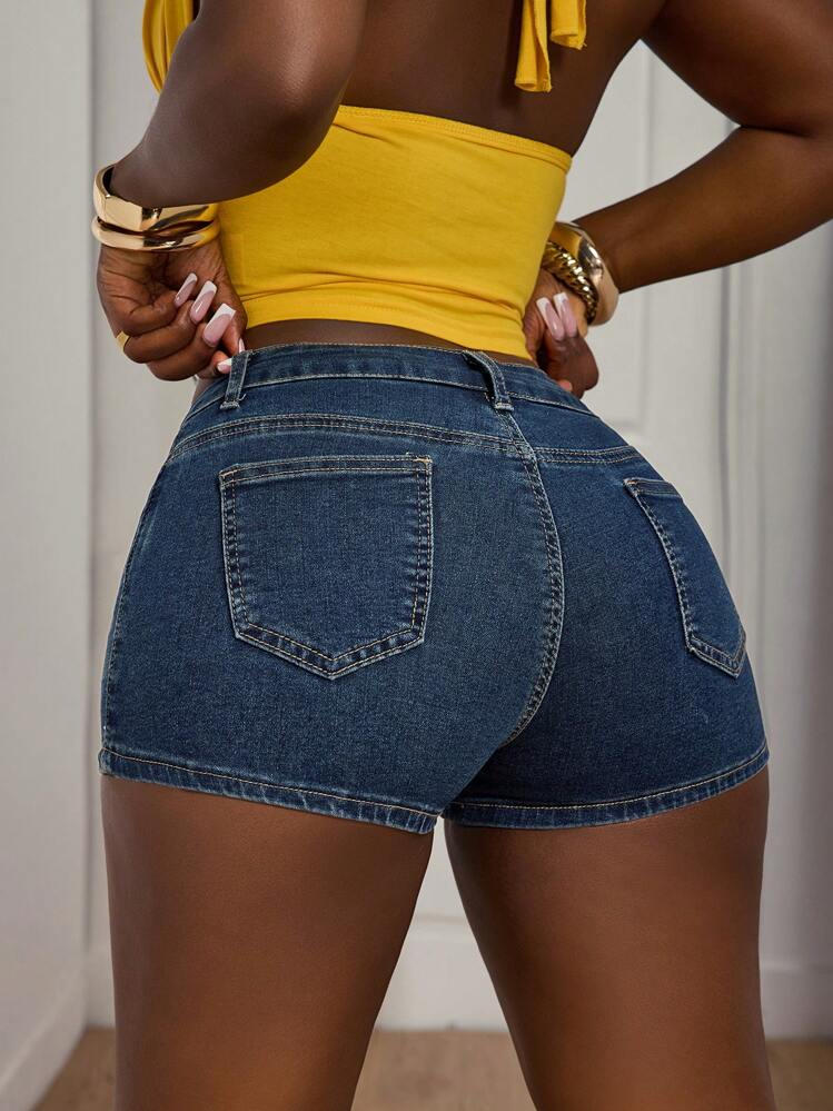 Slaydiva Quần short denim thường ngày cho nữ - Rửa tối - Xem 3