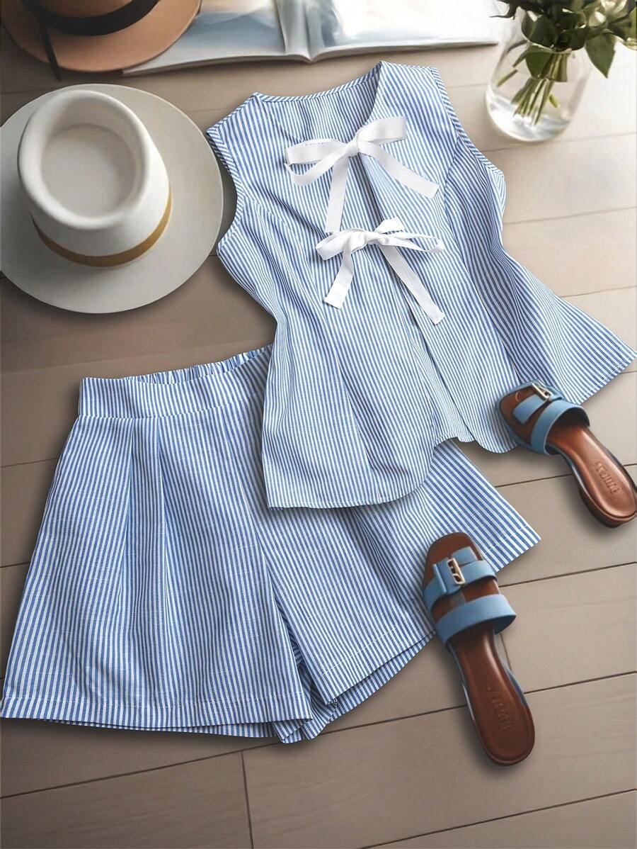 GlowEve 2 件套女士夏季条纹前系带吊带背心和短裤套装，休闲 - 藍色 - 查看 1