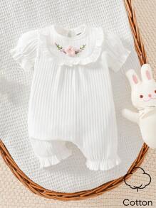 SHEIN New Summer Baby Girl Beige Round Neck Bubble Short Sleeved Three-Dimensional Embroidered Jumpsuit Shorts Cute, Elegant, Simple And Comfortable - White - View 1