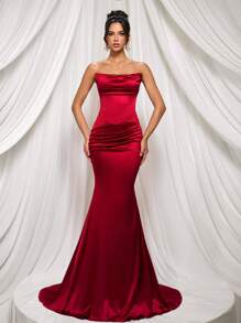 Glamrae 优雅红色亮面缎面弹力露肩甜心领口修腰美人鱼露背可调节系带礼服，适合晚宴、度假、婚礼、礼服、晚会、婚礼宾客 - 紅色 - 查看 5