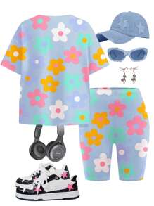 SHEIN Conjunto informal de 2 piezas de camiseta de manga corta y pantalones cortos minimalista para niñas preadolescentes, para verano - Multicolor - Ver 2