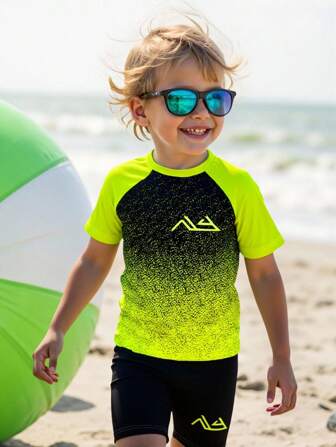 SHEIN Young Boy Casual Loose Fit Round Neck Short Sleeve T-Shirt, Shorts And Swimming Trunks Set, Suitable For Summer