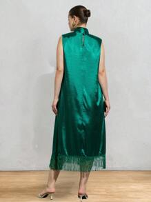 SHEIN Privé 大码女式纯色宽松挂脖直筒连衣裙，优雅 - 綠色 - 查看 2