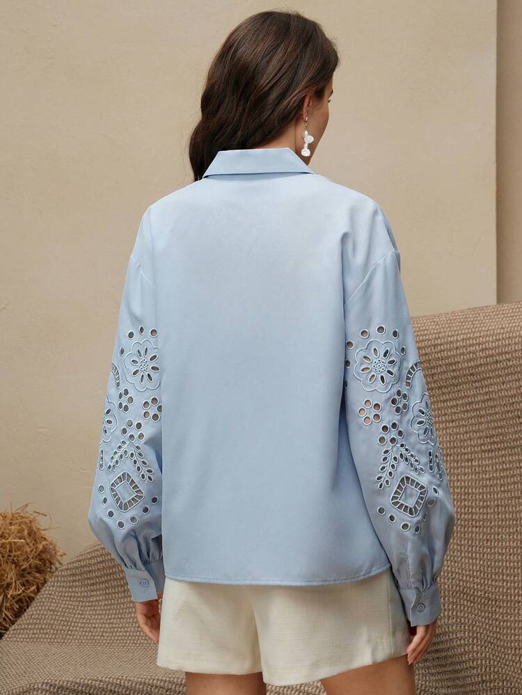 Women's Elegant Loose Drop Shoulder Blue Cutwork Embroidered Long Sleeve Blouse