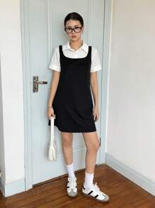 SHEIN Vestido mini para chicas adolescentes, ajustado, casual, simple y cómodo con cuello cuadrado y sin mangas - Negro - Ver 4