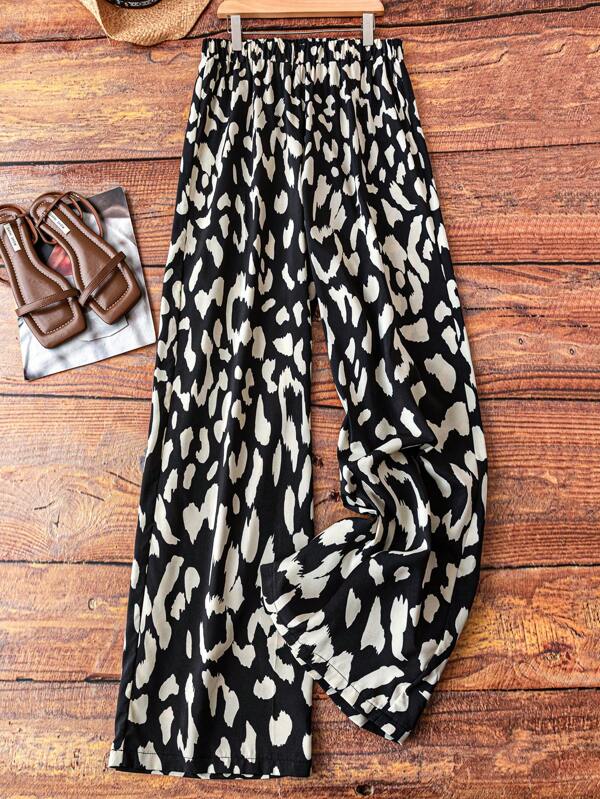 SHEIN Tall Plus Size Women Elastic Waist Casual Leopard Print Straight-Leg Pants