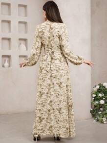 Veilorie Đầm suông tay đèn lồng in họa tiết toàn thân cho nữ, eo nhún - Màu vàng - Xem 3