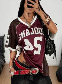 Coolane Tricouri de vară pentru femei, streetwear, sport, cu guler în V, baseball, fotbal, roșu, jerseu