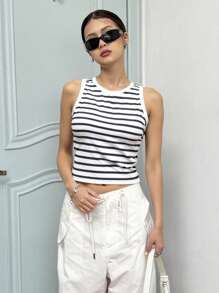 SHEIN Teen Girl Summer Knitted Striped Short Sleeve Round Neck Tank Top - Black and White - View 1