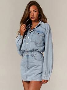 Athîral 女式长袖单排扣口袋休闲牛仔连衣裙