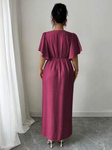 Elenzga Plus Size Women's French Elegant V-Neck Button Decorated A-Line Split Flare Sleeve Maxi Dress, Suitable For Work, Casual, Vacation, Afternoon Tea, Boho Style, Spring/Summer